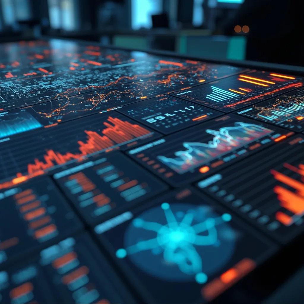 Pantalla grande mostrando análisis de datos complejos y visualizaciones futuristas