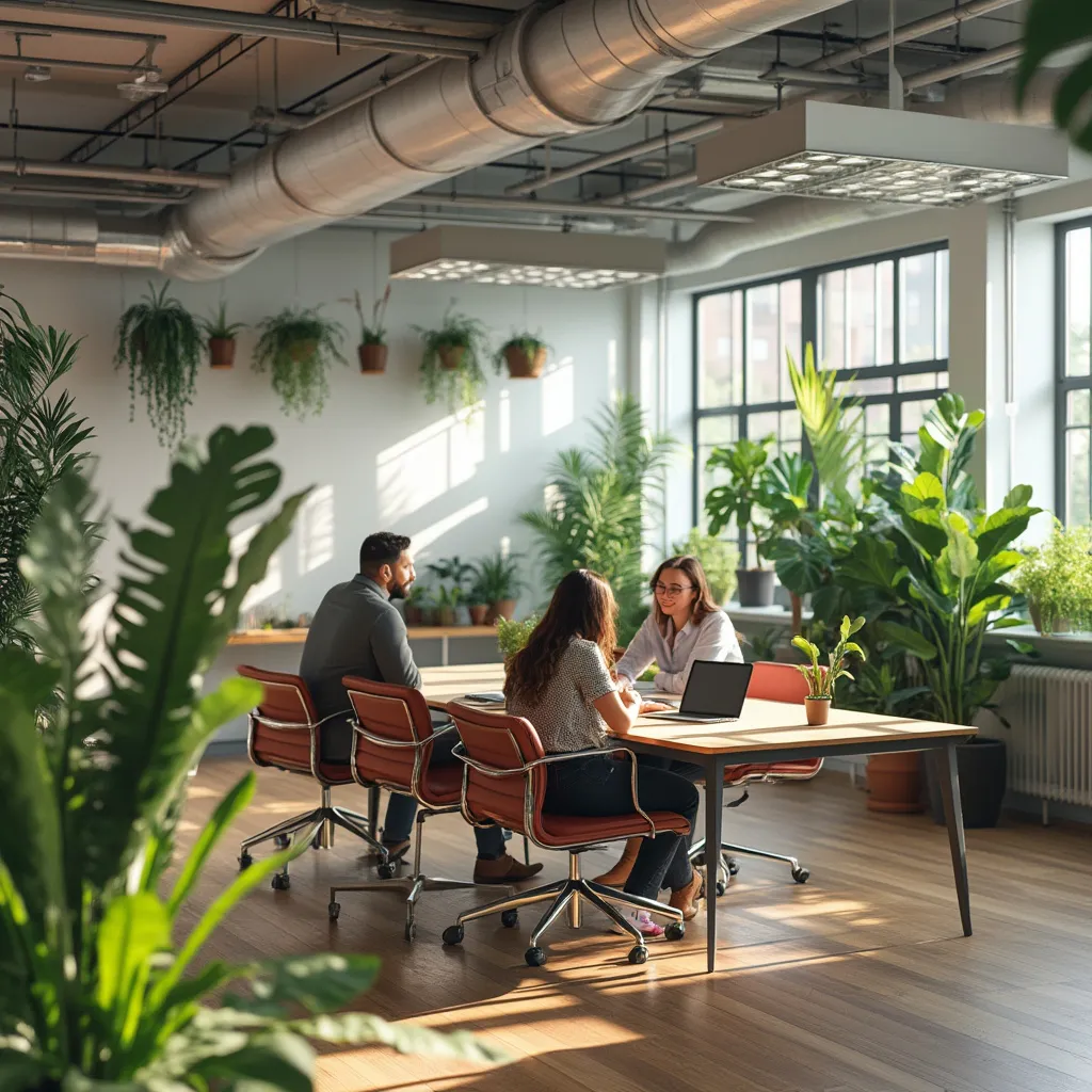 Espacio de trabajo colaborativo y moderno de Consultores Pro con elementos ecológicos